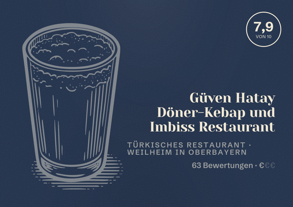 Illustriertes Poster von Güven Hatay Döner-Kebap und Imbiss Restaurant, Türkisches Restaurant in Weilheim in Oberbayern: Bewertung 7,9 von 10 aus 63 Bewertungen, Preisniveau €