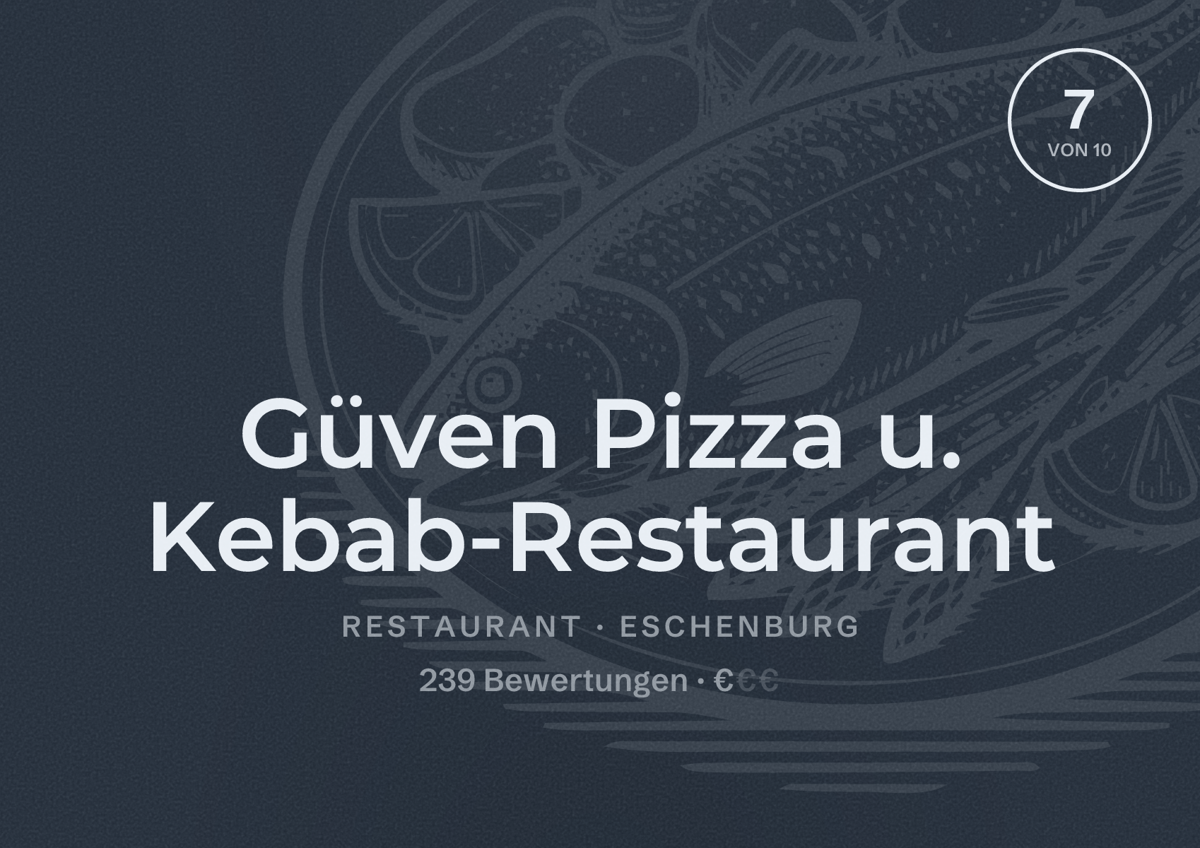 Illustriertes Poster von Güven Pizza u. Kebab-Restaurant, Restaurant in Eschenburg: Bewertung 7 von 10 aus 239 Bewertungen, Preisniveau €
