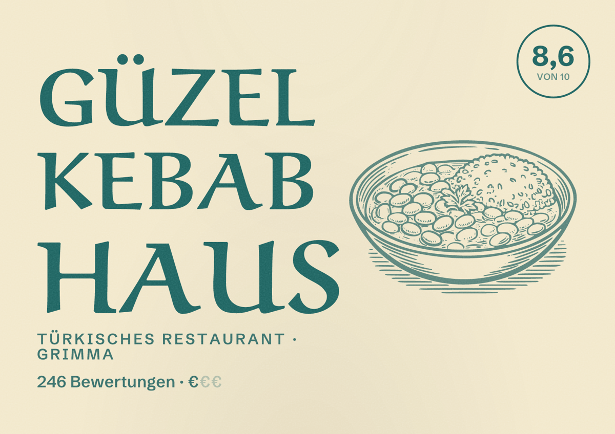 Illustriertes Poster von GÜZEL KEBAB HAUS, Türkisches Restaurant in Grimma: Bewertung 8,6 von 10 aus 246 Bewertungen, Preisniveau €