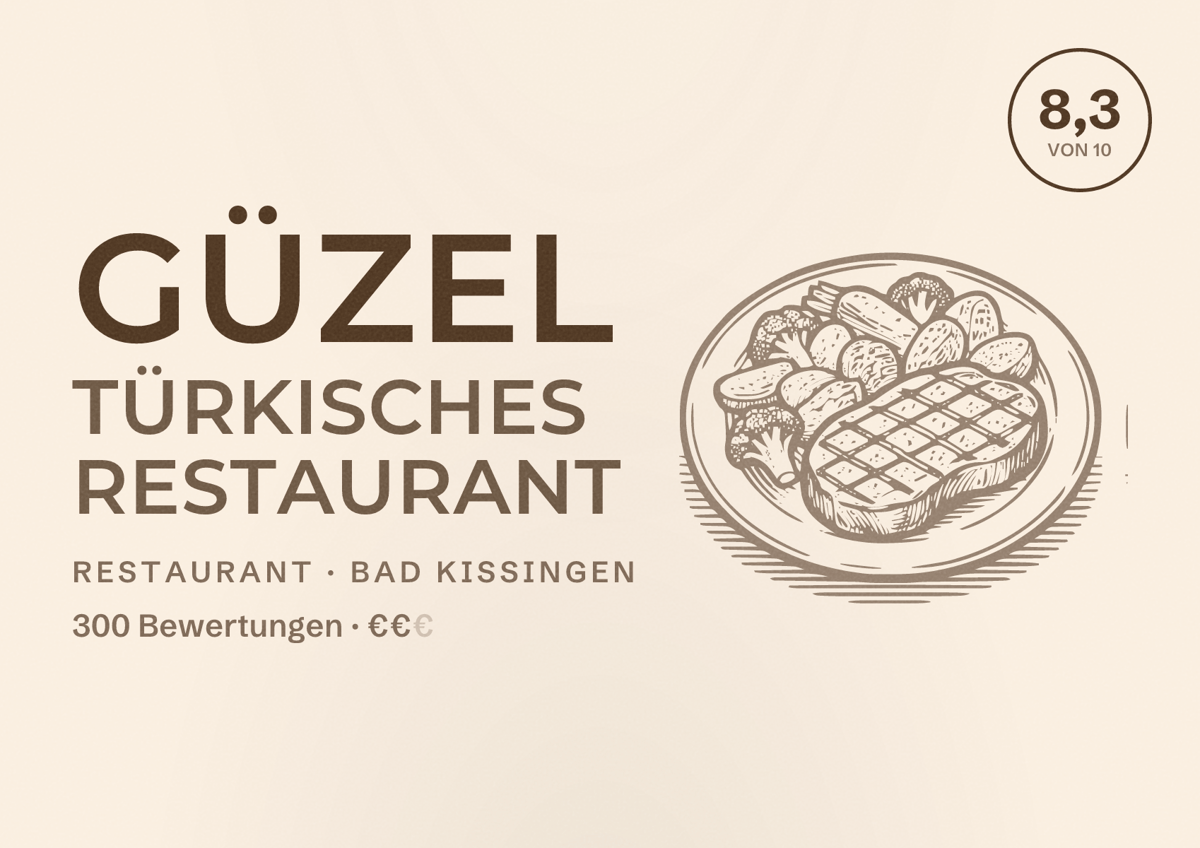 Illustriertes Poster von Güzel Türkisches Restaurant, Restaurant in Bad Kissingen: Bewertung 8,3 von 10 aus 300 Bewertungen, Preisniveau €€