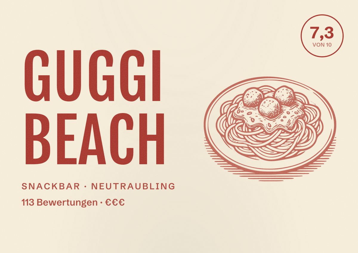 Illustriertes Poster von Guggi Beach, Snackbar in Neutraubling: Bewertung 7,3 von 10 aus 113 Bewertungen, Preisniveau €€€