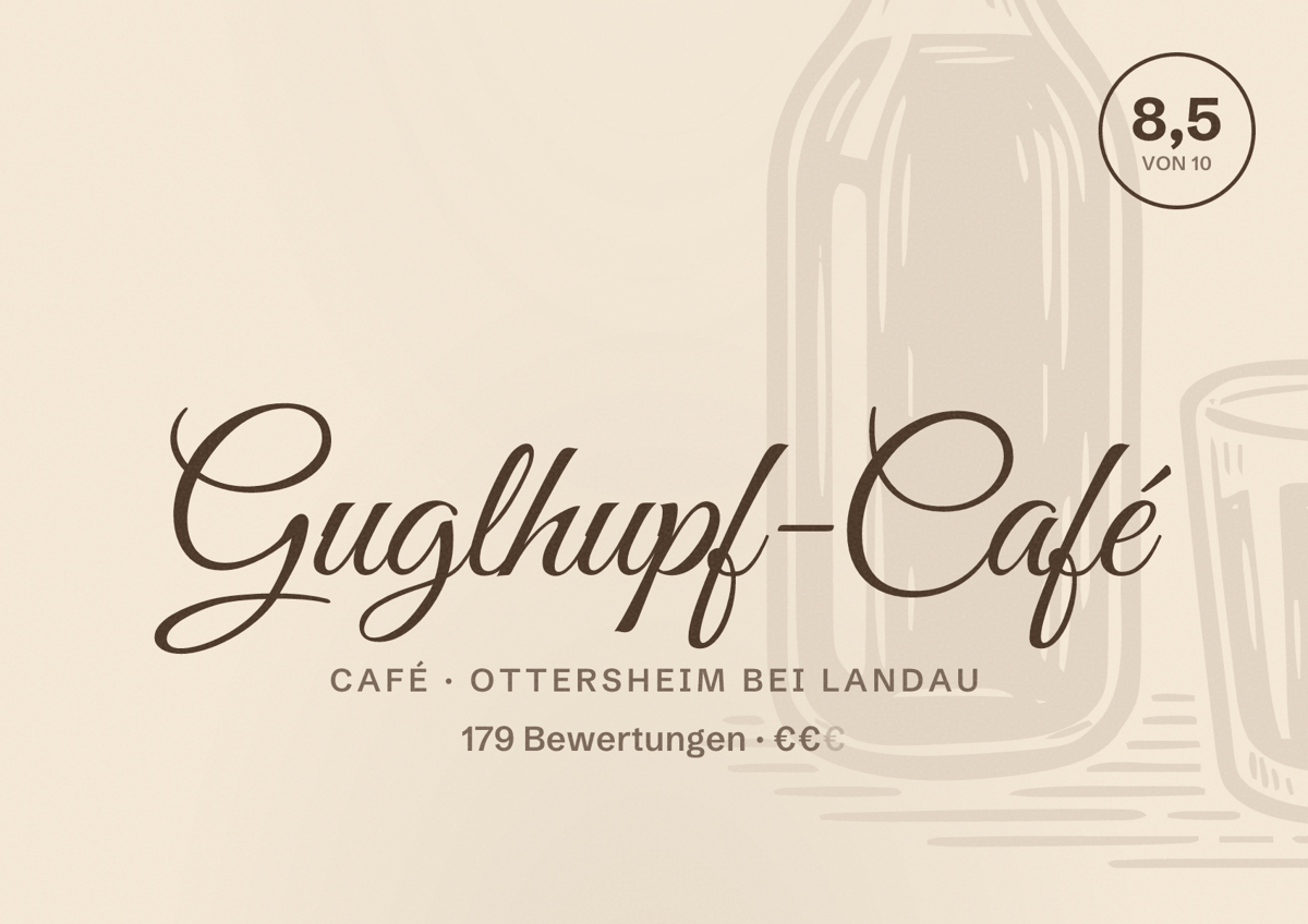 Illustriertes Poster von Guglhupf-Café, Café in Ottersheim bei Landau: Bewertung 8,5 von 10 aus 179 Bewertungen, Preisniveau €€