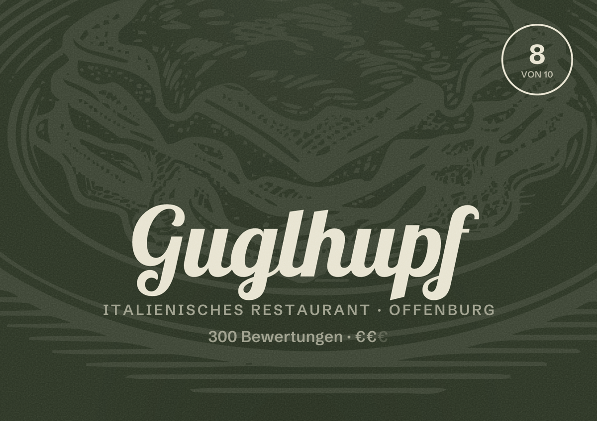 Illustriertes Poster von Guglhupf, Italienisches Restaurant in Offenburg: Bewertung 8 von 10 aus 300 Bewertungen, Preisniveau €€