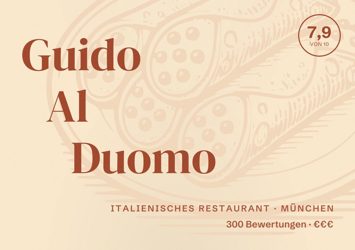 Illustriertes Poster von Guido Al Duomo, Italienisches Restaurant in München: Bewertung 7,9 von 10 aus 300 Bewertungen, Preisniveau €€€
