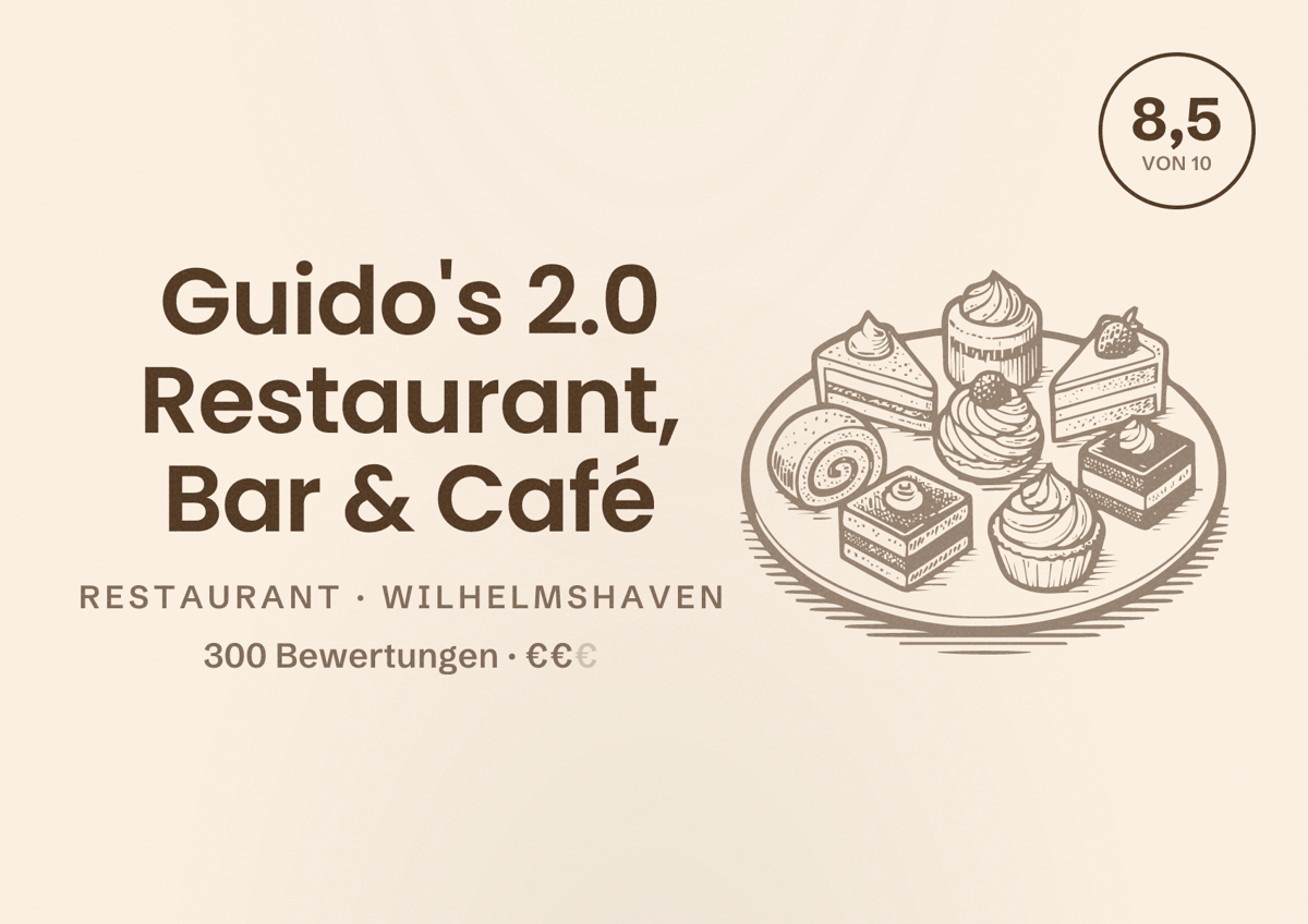 Illustriertes Poster von Guido's 2.0 Restaurant, Bar & Café, Restaurant in Wilhelmshaven: Bewertung 8,5 von 10 aus 300 Bewertungen, Preisniveau €€