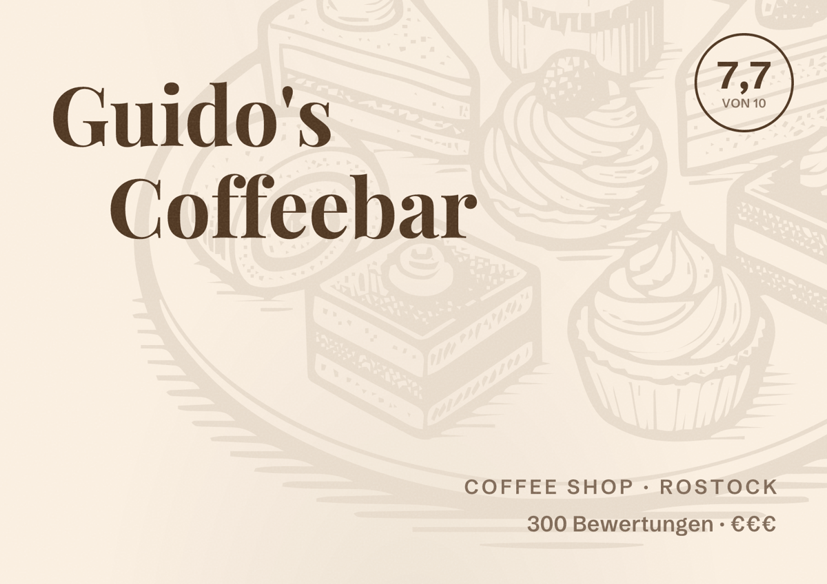 Illustriertes Poster von Guido's Coffeebar, Coffee Shop in Rostock: Bewertung 7,7 von 10 aus 300 Bewertungen, Preisniveau €€€