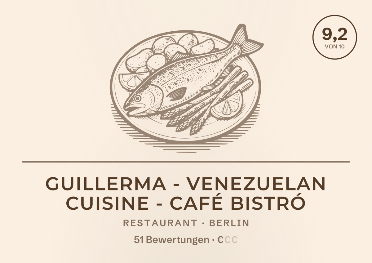 Illustriertes Poster von Guillerma - Venezuelan Cuisine - Café Bistró, Restaurant in Berlin: Bewertung 9,2 von 10 aus 51 Bewertungen, Preisniveau €