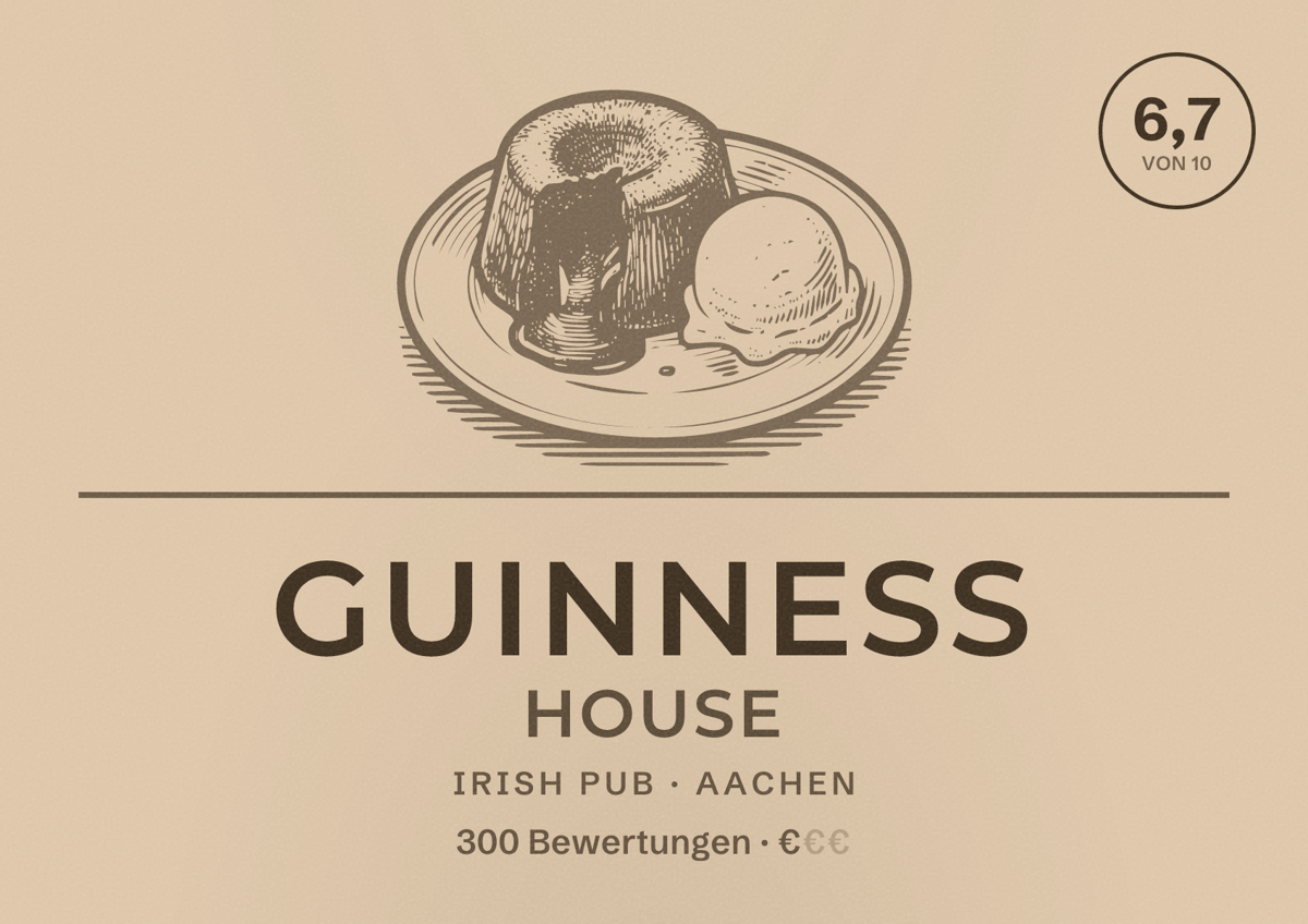 Illustriertes Poster von Guinness House, Irish Pub in Aachen: Bewertung 6,7 von 10 aus 300 Bewertungen, Preisniveau €