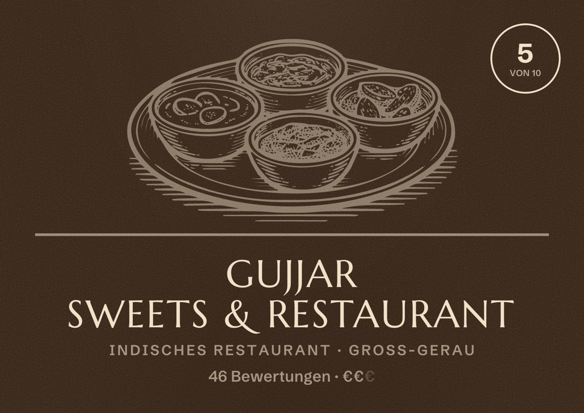 Illustriertes Poster von Gujjar Sweets & Restaurant, Indisches Restaurant in Groß-Gerau: Bewertung 5 von 10 aus 46 Bewertungen, Preisniveau €€
