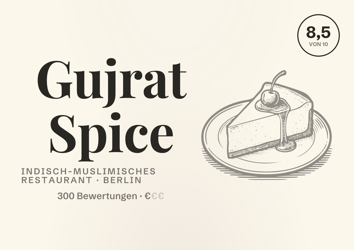 Illustriertes Poster von Gujrat Spice, Indisch-muslimisches Restaurant in Berlin: Bewertung 8,5 von 10 aus 300 Bewertungen, Preisniveau €