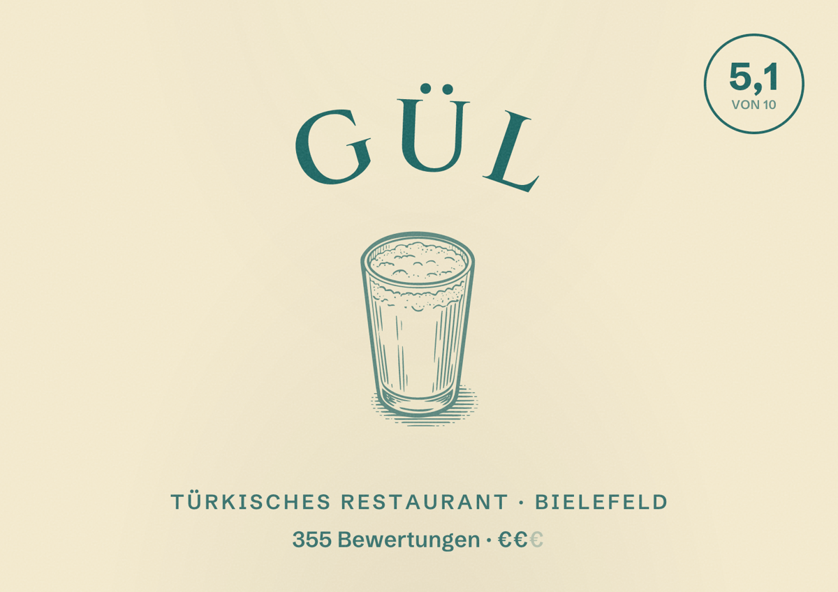 Illustriertes Poster von Gül, Türkisches Restaurant in Bielefeld: Bewertung 5,1 von 10 aus 355 Bewertungen, Preisniveau €€