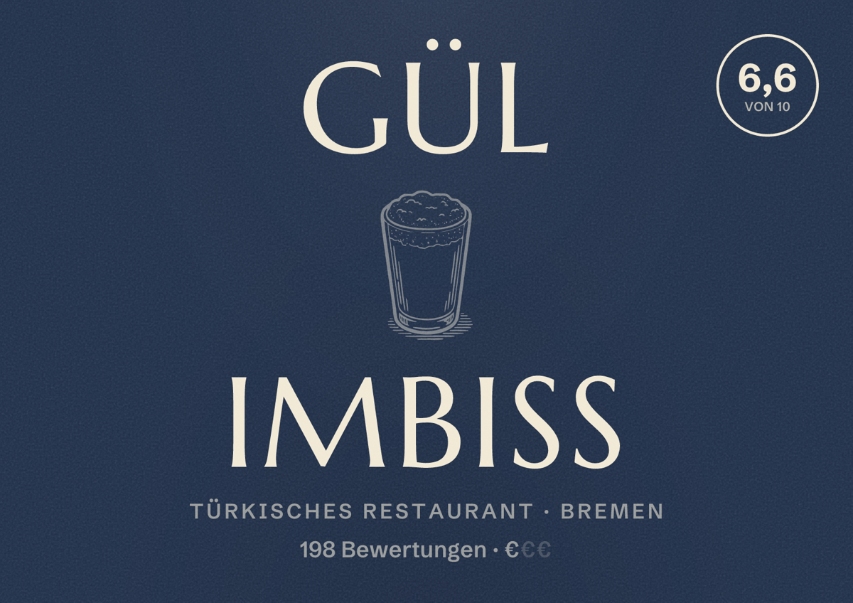 Illustriertes Poster von Gül Imbiss, Türkisches Restaurant in Bremen: Bewertung 6,6 von 10 aus 198 Bewertungen, Preisniveau €