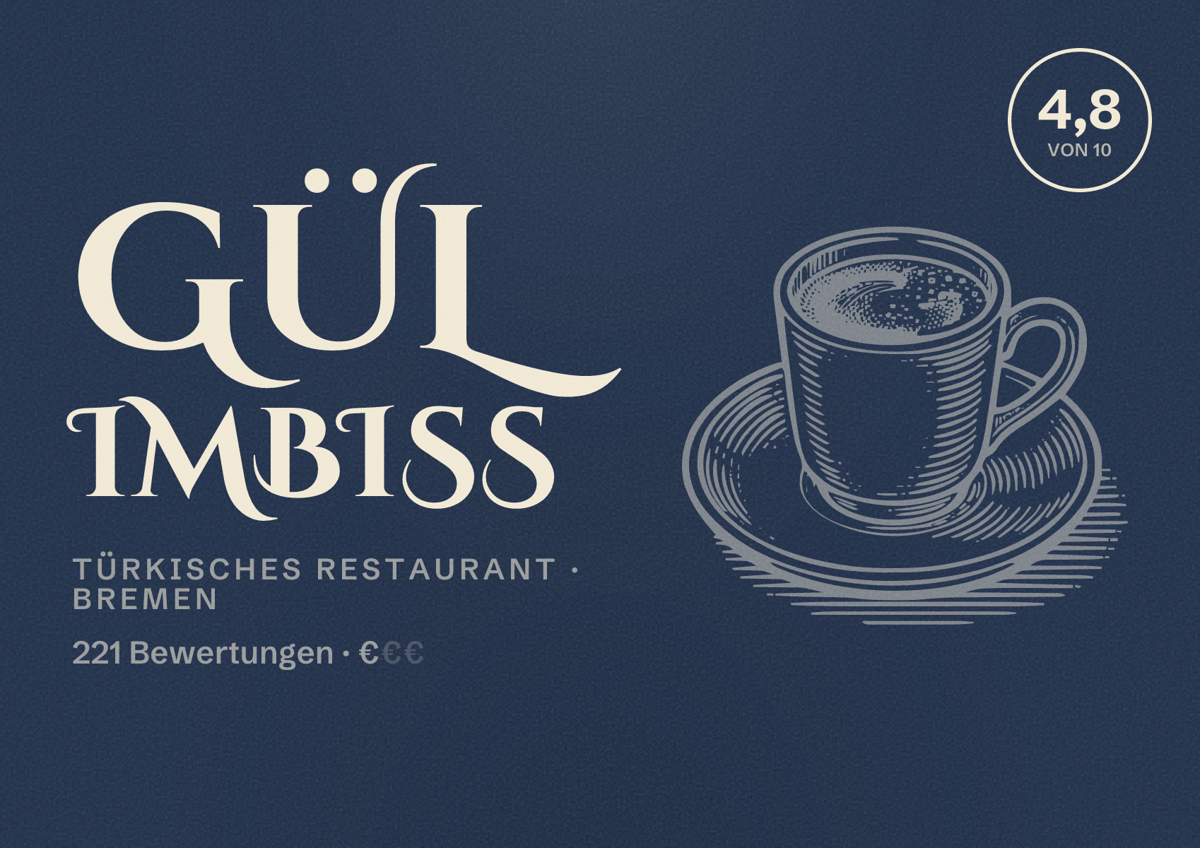Illustriertes Poster von Gül Imbiss, Türkisches Restaurant in Bremen: Bewertung 4,8 von 10 aus 221 Bewertungen, Preisniveau €