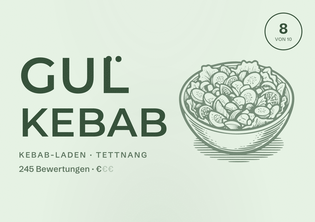 Illustriertes Poster von Gül Kebab, Kebab-Laden in Tettnang: Bewertung 8 von 10 aus 245 Bewertungen, Preisniveau €