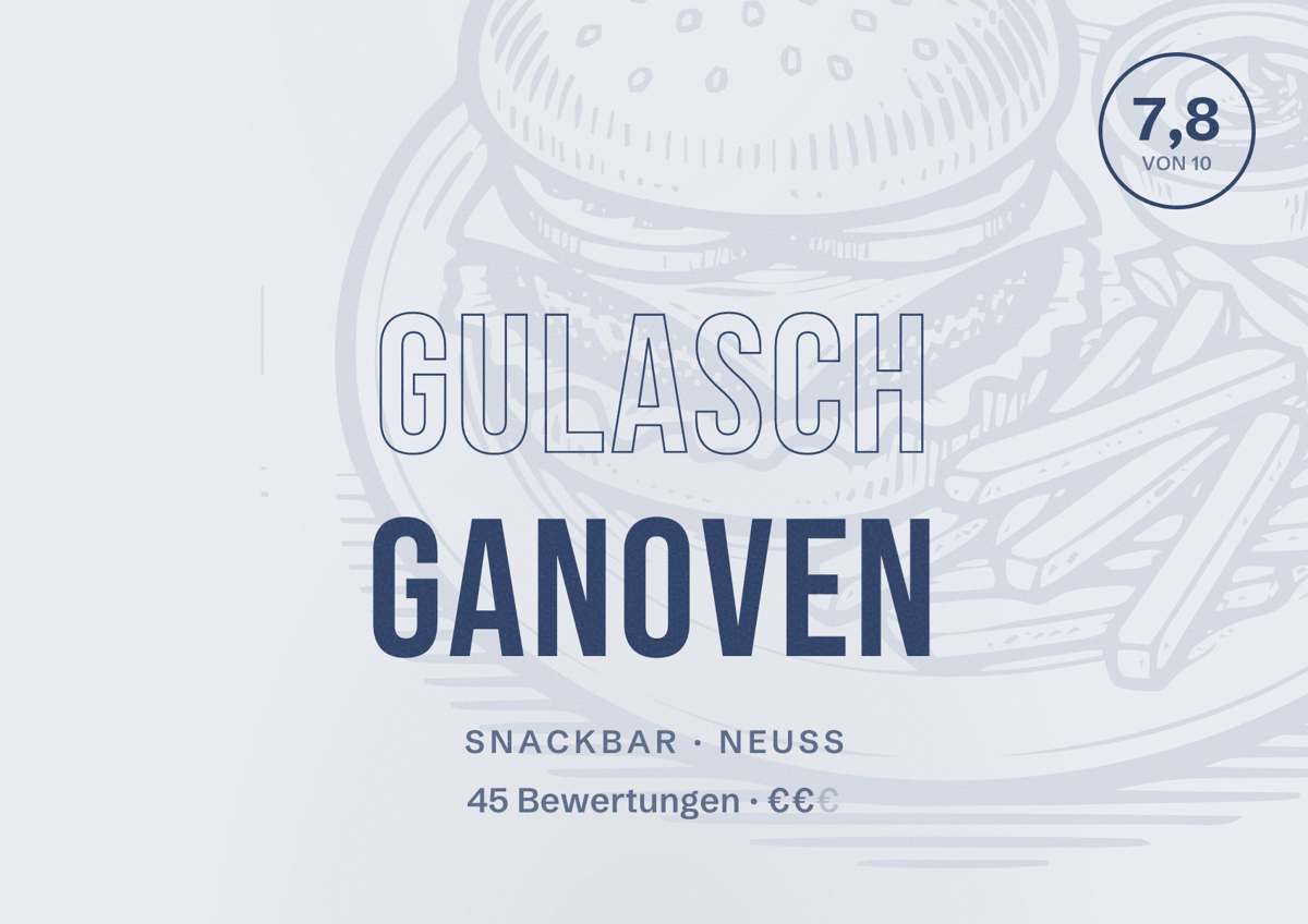 Illustriertes Poster von Gulasch Ganoven, Snackbar in Neuss: Bewertung 7,8 von 10 aus 45 Bewertungen, Preisniveau €€