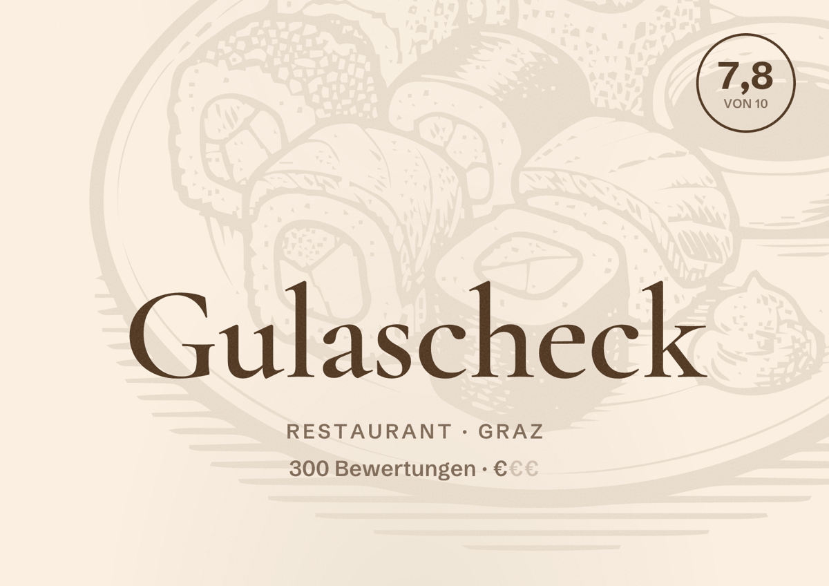 Illustriertes Poster von Gulascheck, Restaurant in Graz: Bewertung 7,8 von 10 aus 300 Bewertungen, Preisniveau €