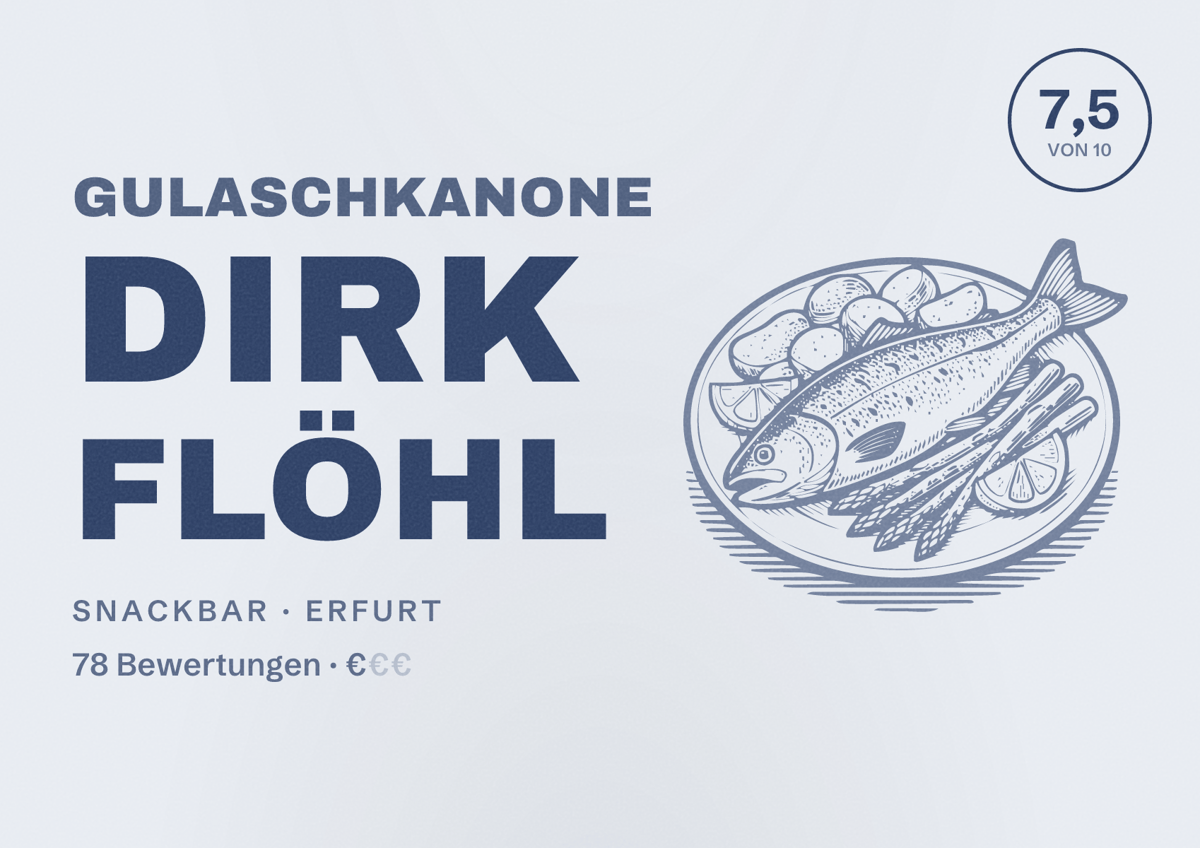Illustriertes Poster von Gulaschkanone Dirk Flöhl, Snackbar in Erfurt: Bewertung 7,5 von 10 aus 78 Bewertungen, Preisniveau €