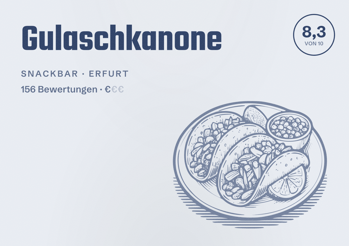 Illustriertes Poster von Gulaschkanone, Snackbar in Erfurt: Bewertung 8,3 von 10 aus 156 Bewertungen, Preisniveau €