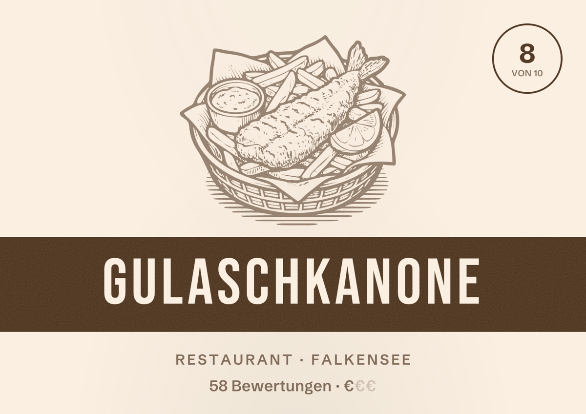 Illustriertes Poster von Gulaschkanone, Restaurant in Falkensee: Bewertung 8 von 10 aus 58 Bewertungen, Preisniveau €