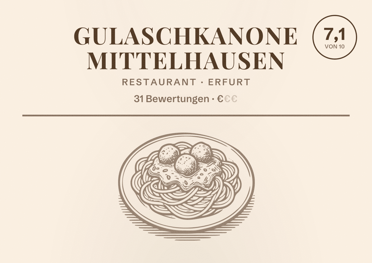 Illustriertes Poster von Gulaschkanone Mittelhausen, Restaurant in Erfurt: Bewertung 7,1 von 10 aus 31 Bewertungen, Preisniveau €