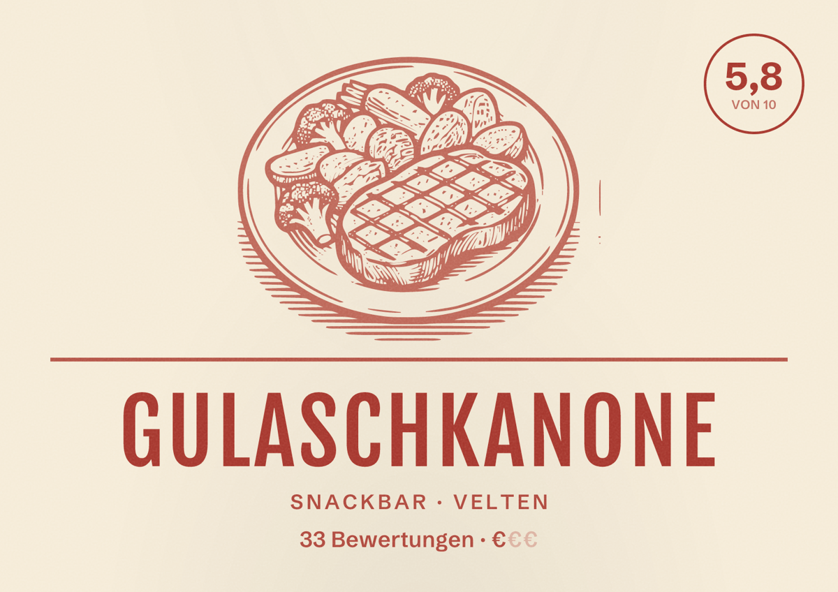 Illustriertes Poster von Gulaschkanone, Snackbar in Velten: Bewertung 5,8 von 10 aus 33 Bewertungen, Preisniveau €