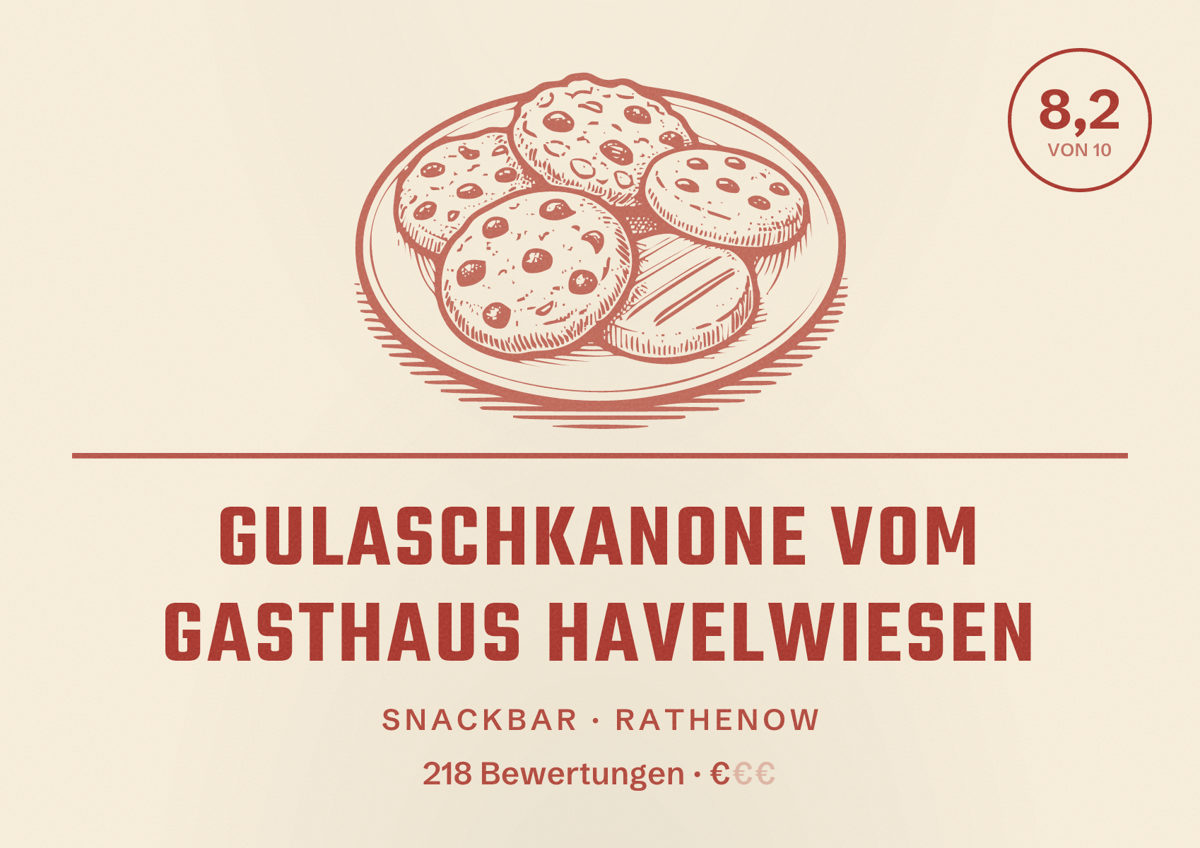 Illustriertes Poster von Gulaschkanone vom Gasthaus Havelwiesen, Snackbar in Rathenow: Bewertung 8,2 von 10 aus 218 Bewertungen, Preisniveau €