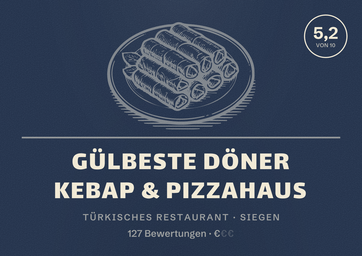 Illustriertes Poster von Gülbeste Döner Kebap & Pizzahaus, Türkisches Restaurant in Siegen: Bewertung 5,2 von 10 aus 127 Bewertungen, Preisniveau €