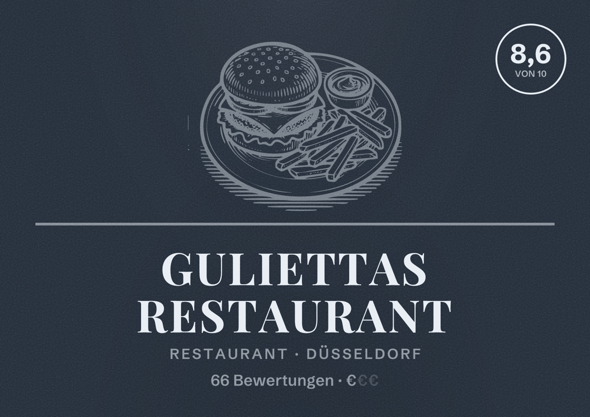 Illustriertes Poster von Guliettas Restaurant, Restaurant in Düsseldorf: Bewertung 8,6 von 10 aus 66 Bewertungen, Preisniveau €