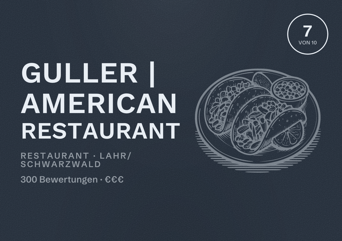 Illustriertes Poster von Guller | American Restaurant, Restaurant in Lahr/Schwarzwald: Bewertung 7 von 10 aus 300 Bewertungen, Preisniveau €€€