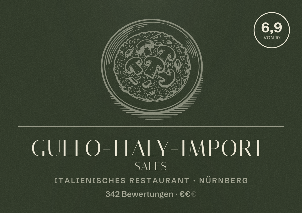 Illustriertes Poster von Gullo-Italy-import sales, Italienisches Restaurant in Nürnberg: Bewertung 6,9 von 10 aus 342 Bewertungen, Preisniveau €€