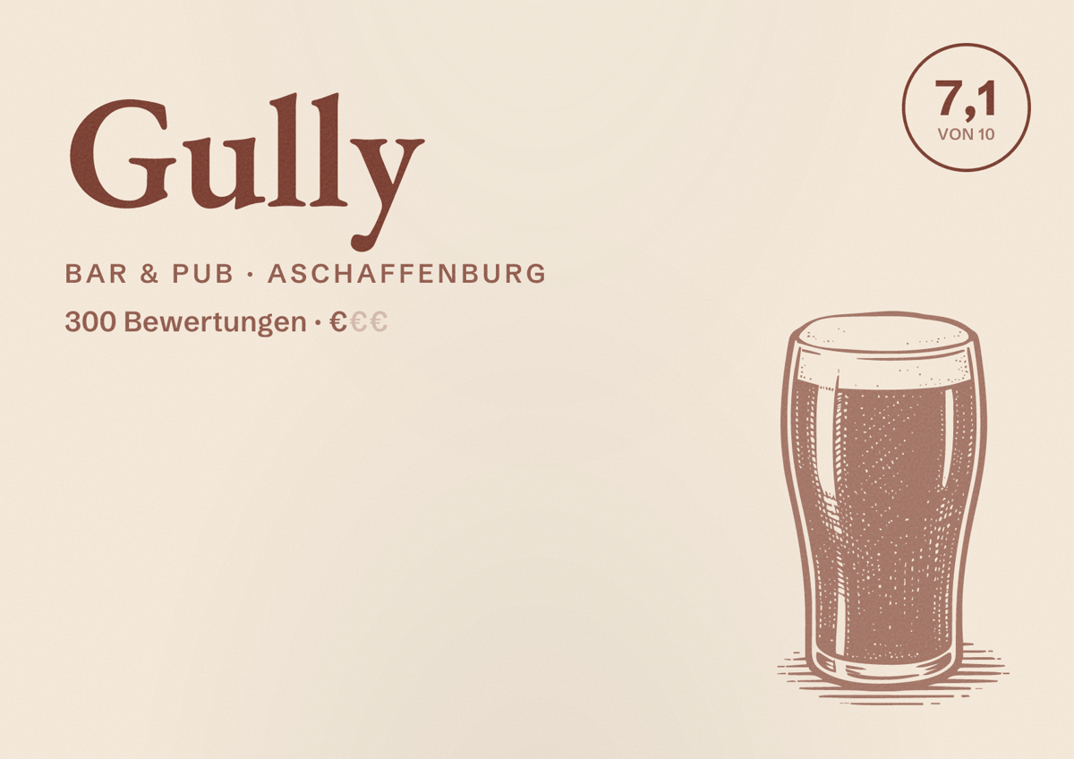 Illustriertes Poster von Gully, Bar & Pub in Aschaffenburg: Bewertung 7,1 von 10 aus 300 Bewertungen, Preisniveau €