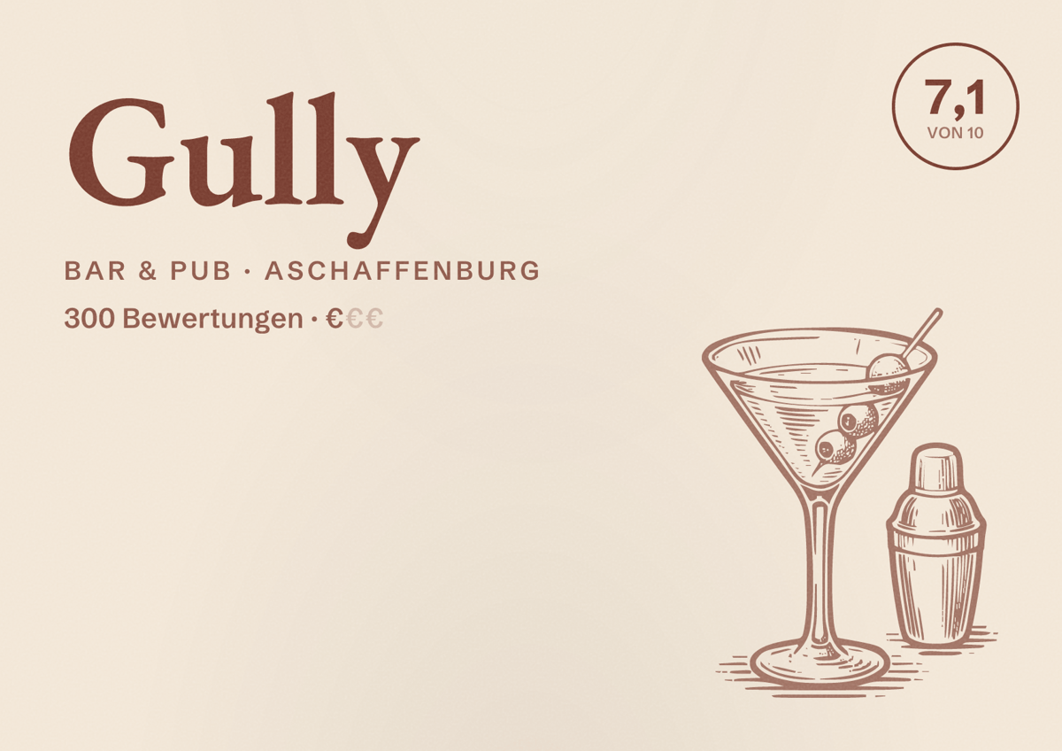 Illustriertes Poster von Gully, Bar & Pub in Aschaffenburg: Bewertung 7,1 von 10 aus 300 Bewertungen, Preisniveau €