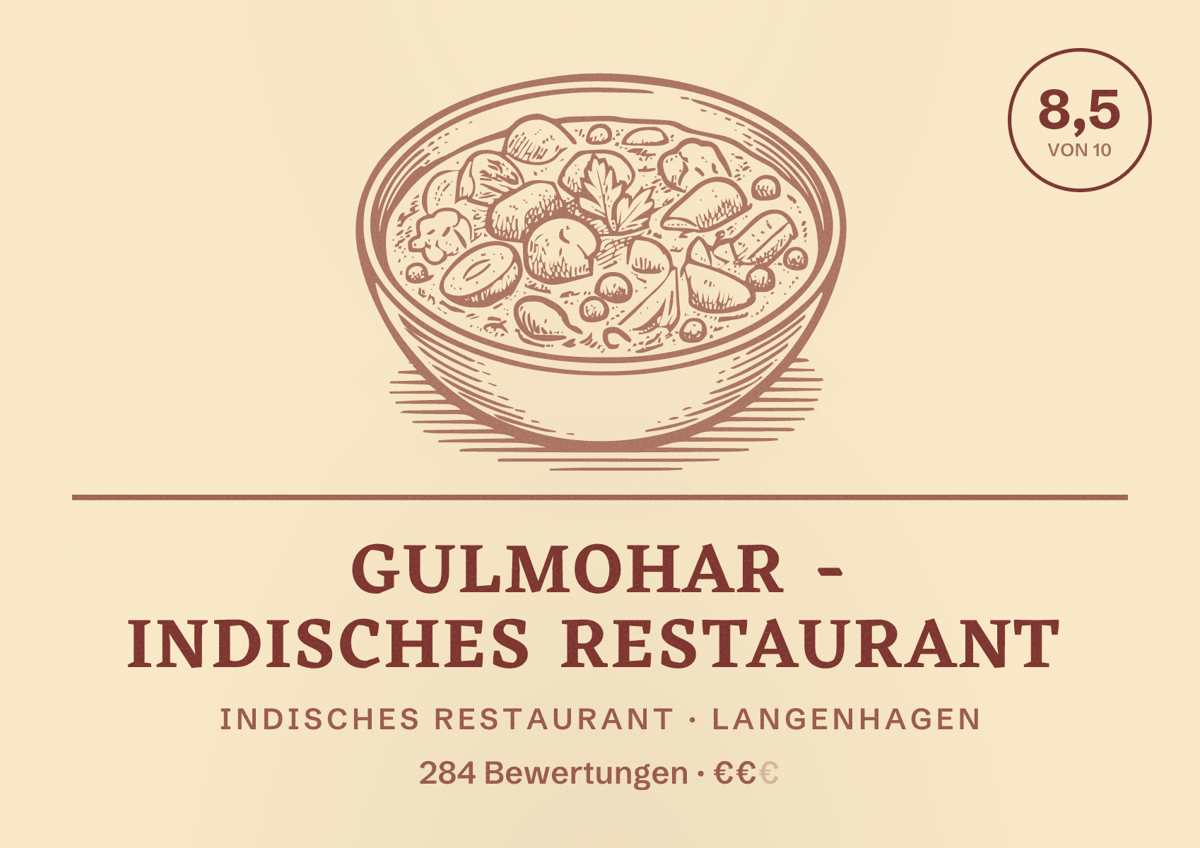 Illustriertes Poster von Gulmohar - indisches Restaurant, Indisches Restaurant in Langenhagen: Bewertung 8,5 von 10 aus 284 Bewertungen, Preisniveau €€