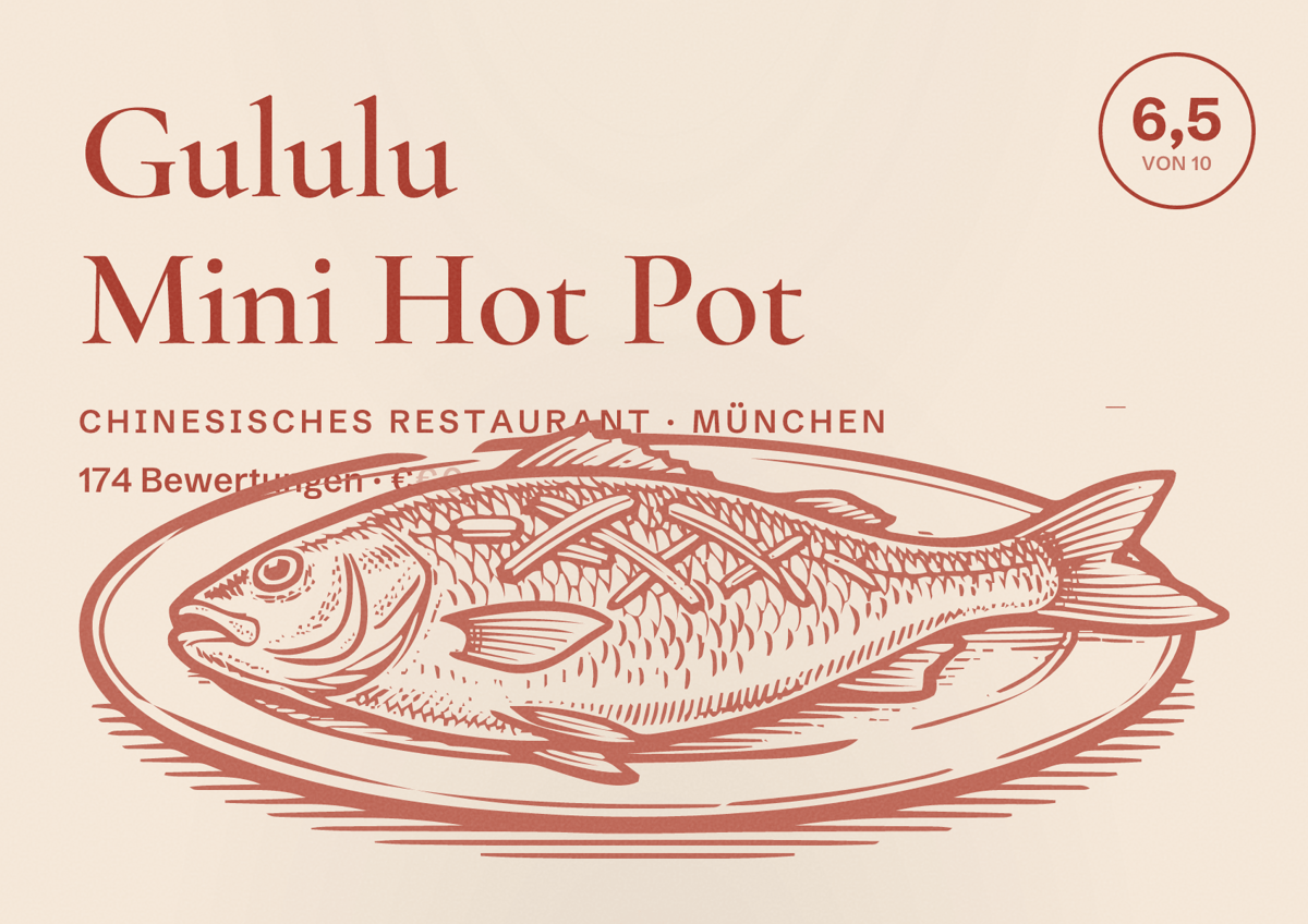 Illustriertes Poster von Gululu Mini Hot Pot, Chinesisches Restaurant in München: Bewertung 6,5 von 10 aus 174 Bewertungen, Preisniveau €