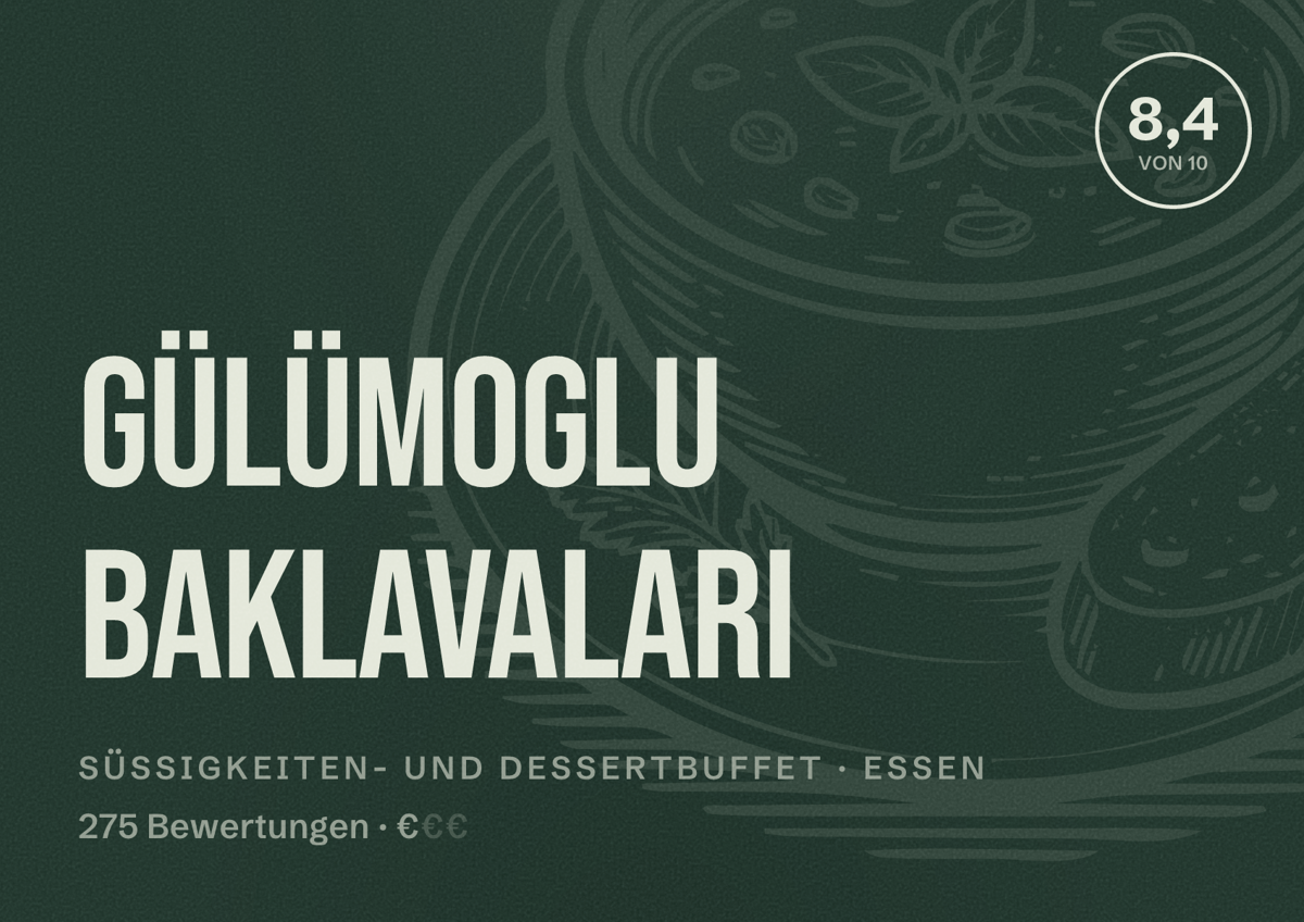 Illustriertes Poster von Gülümoglu Baklavalari, Süßigkeiten- und Dessertbuffet in Essen: Bewertung 8,4 von 10 aus 275 Bewertungen, Preisniveau €
