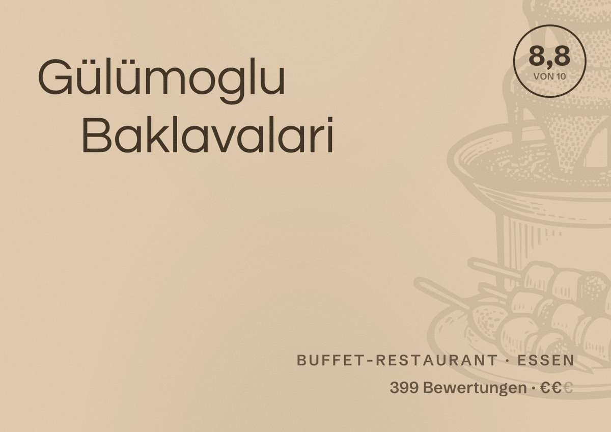 Illustriertes Poster von Gülümoglu Baklavalari, Buffet-Restaurant in Essen: Bewertung 8,8 von 10 aus 399 Bewertungen, Preisniveau €€