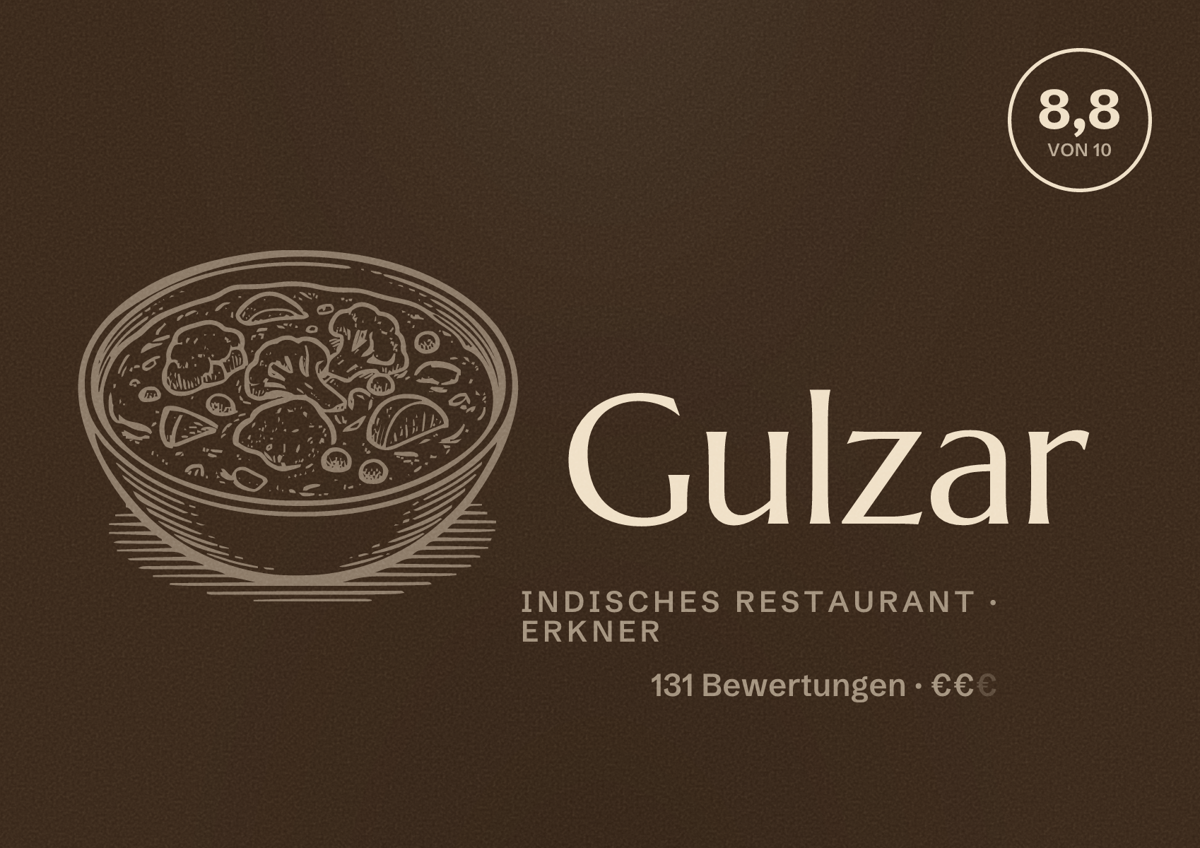 Illustriertes Poster von Gulzar, Indisches Restaurant in Erkner: Bewertung 8,8 von 10 aus 131 Bewertungen, Preisniveau €€