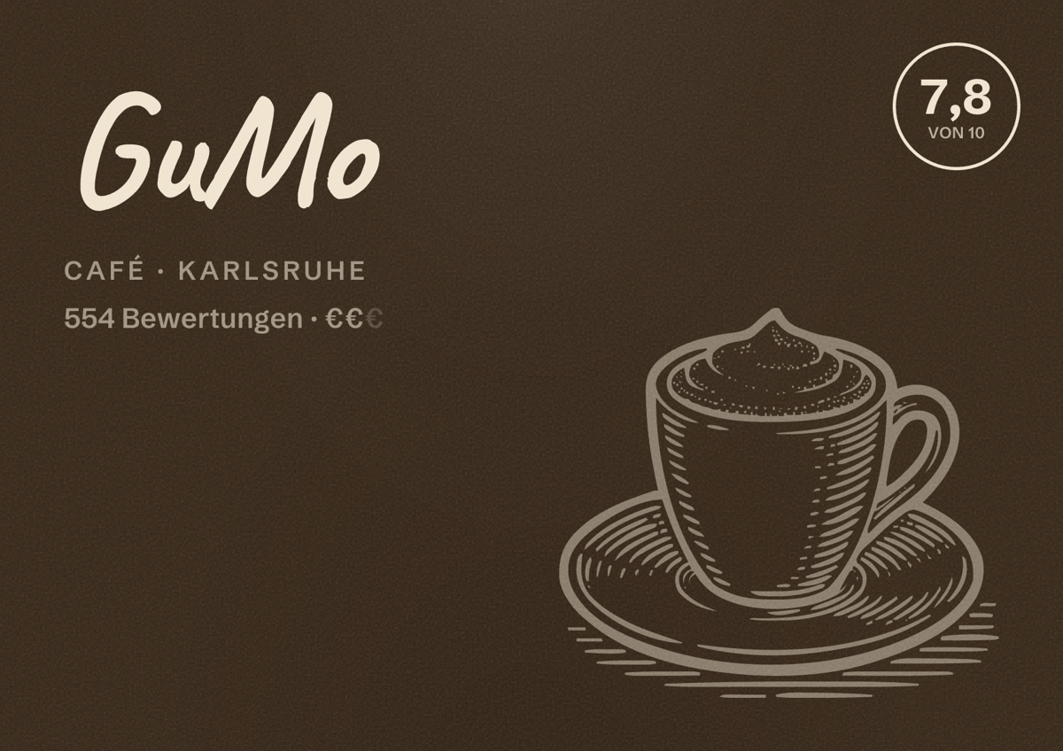 Illustriertes Poster von GuMo, Café in Karlsruhe: Bewertung 7,8 von 10 aus 554 Bewertungen, Preisniveau €€