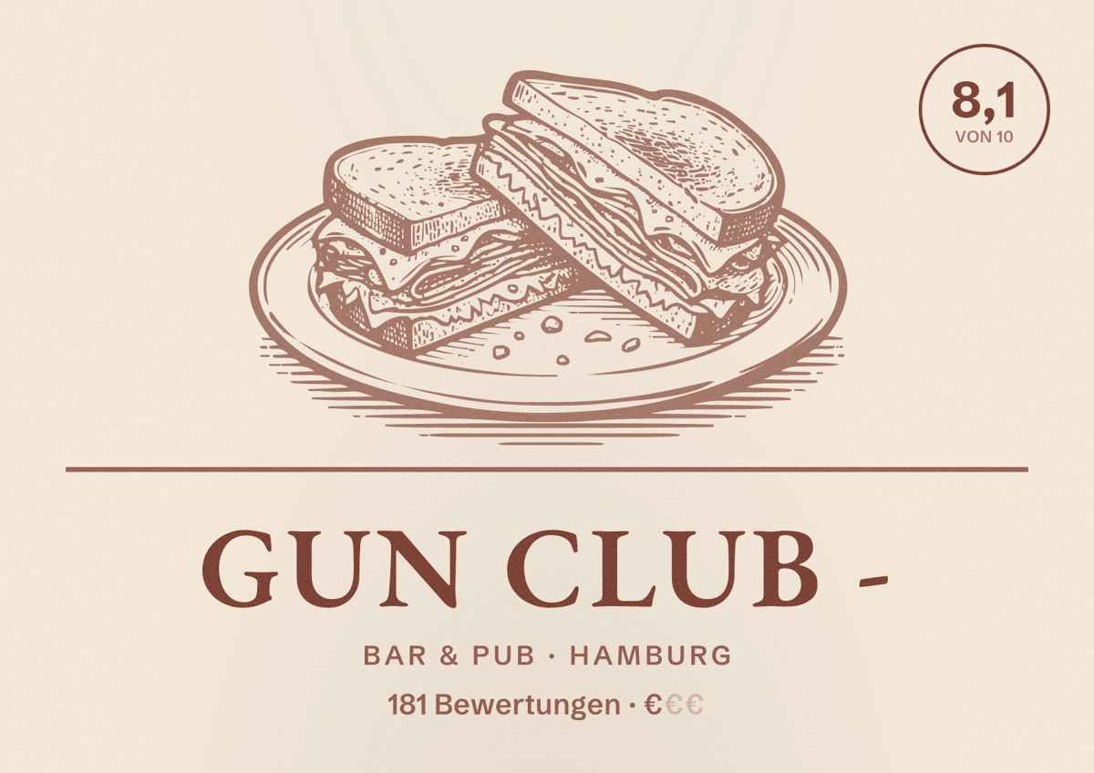 Illustriertes Poster von Gun Club -, Bar & Pub in Hamburg: Bewertung 8,1 von 10 aus 181 Bewertungen, Preisniveau €