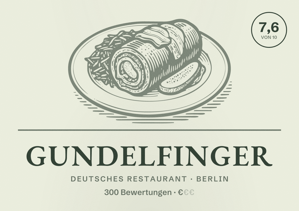 Illustriertes Poster von Gundelfinger, Deutsches Restaurant in Berlin: Bewertung 7,6 von 10 aus 300 Bewertungen, Preisniveau €