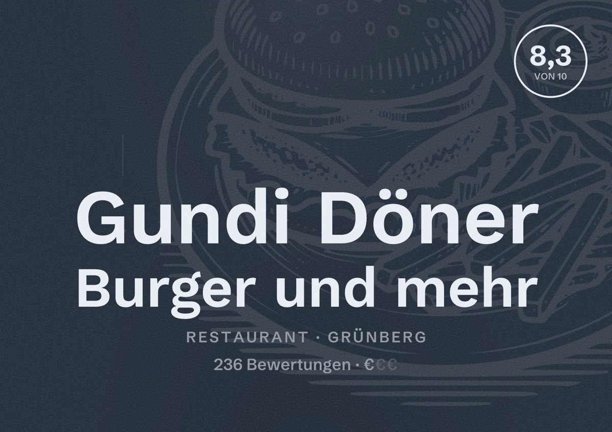 Illustriertes Poster von Gundi Döner Burger und mehr, Restaurant in Grünberg: Bewertung 8,3 von 10 aus 236 Bewertungen, Preisniveau €