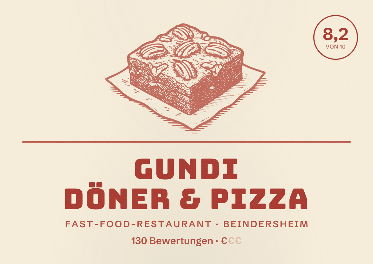 Illustriertes Poster von Gundi Döner & Pizza, Fast-Food-Restaurant in Beindersheim: Bewertung 8,2 von 10 aus 130 Bewertungen, Preisniveau €