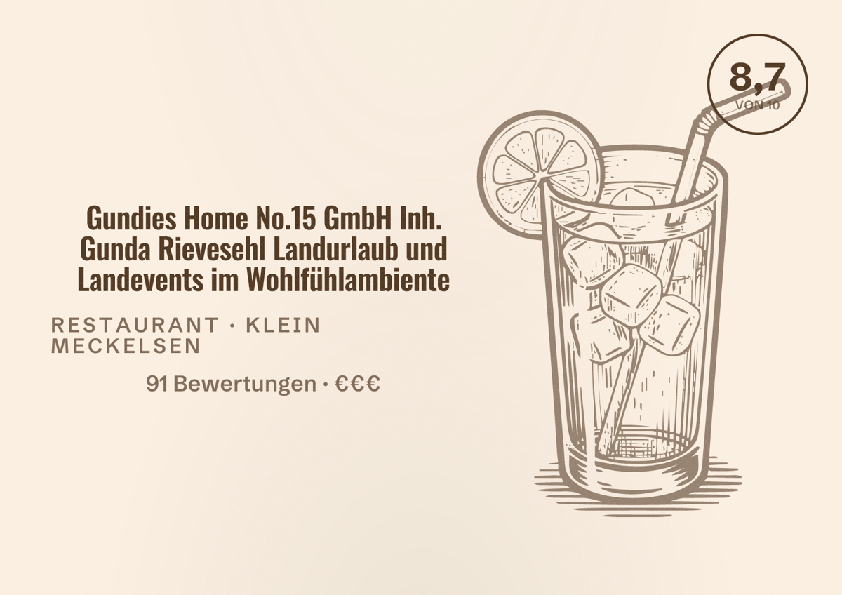Illustriertes Poster von Gundies Home No.15 GmbH Inh. Gunda Rievesehl Landurlaub und Landevents im Wohlfühlambiente, Restaurant in Klein Meckelsen: Bewertung 8,7 von 10 aus 91 Bewertungen, Preisniveau €€€