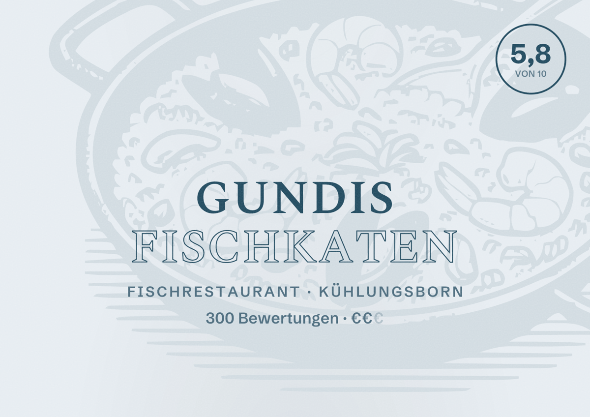 Illustriertes Poster von Gundis Fischkaten, Fischrestaurant in Kühlungsborn: Bewertung 5,8 von 10 aus 300 Bewertungen, Preisniveau €€