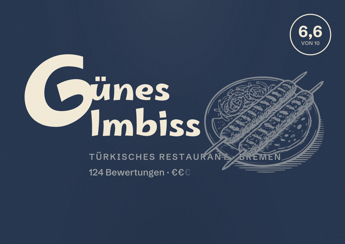Illustriertes Poster von Günes Imbiss, Türkisches Restaurant in Bremen: Bewertung 6,6 von 10 aus 124 Bewertungen, Preisniveau €€
