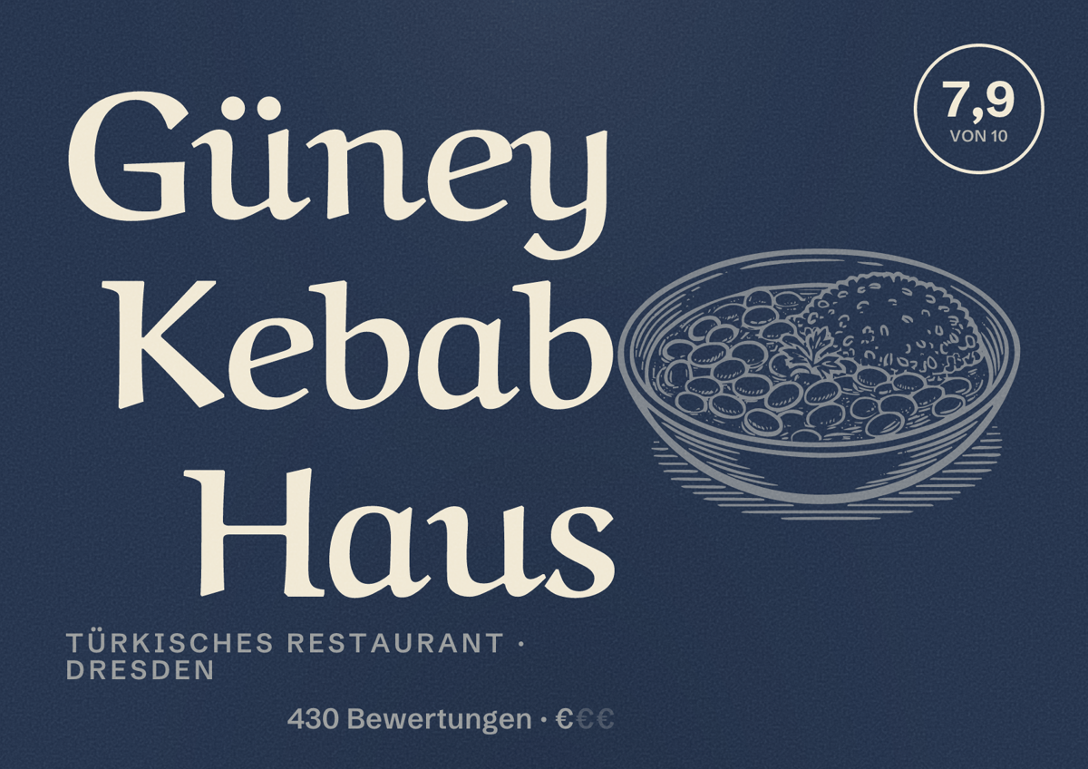 Illustriertes Poster von Güney Kebab Haus, Türkisches Restaurant in Dresden: Bewertung 7,9 von 10 aus 430 Bewertungen, Preisniveau €