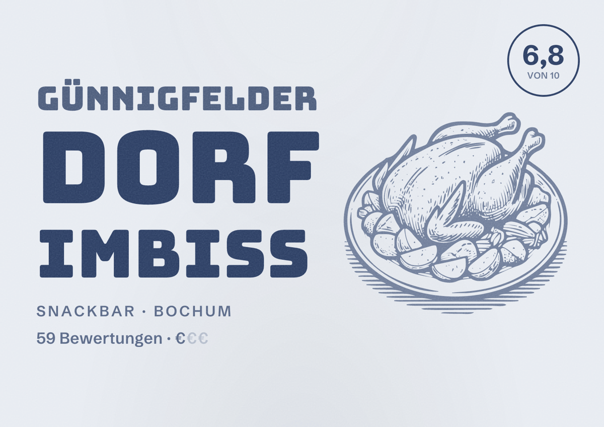 Illustriertes Poster von Günnigfelder Dorf Imbiss, Snackbar in Bochum: Gästebewertung 6,8 von 10 aus 59 Bewertungen