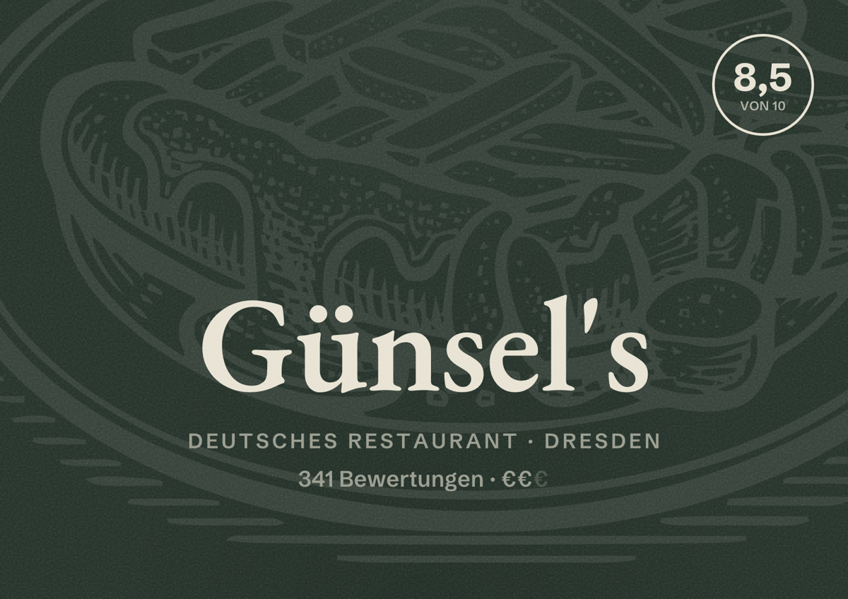 Illustriertes Poster von Günsel's, Deutsches Restaurant in Dresden: Bewertung 8,5 von 10 aus 341 Bewertungen, Preisniveau €€