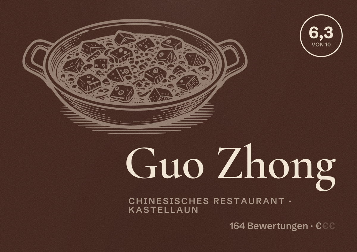 Illustriertes Poster von Guo Zhong, Chinesisches Restaurant in Kastellaun: Bewertung 6,3 von 10 aus 164 Bewertungen, Preisniveau €