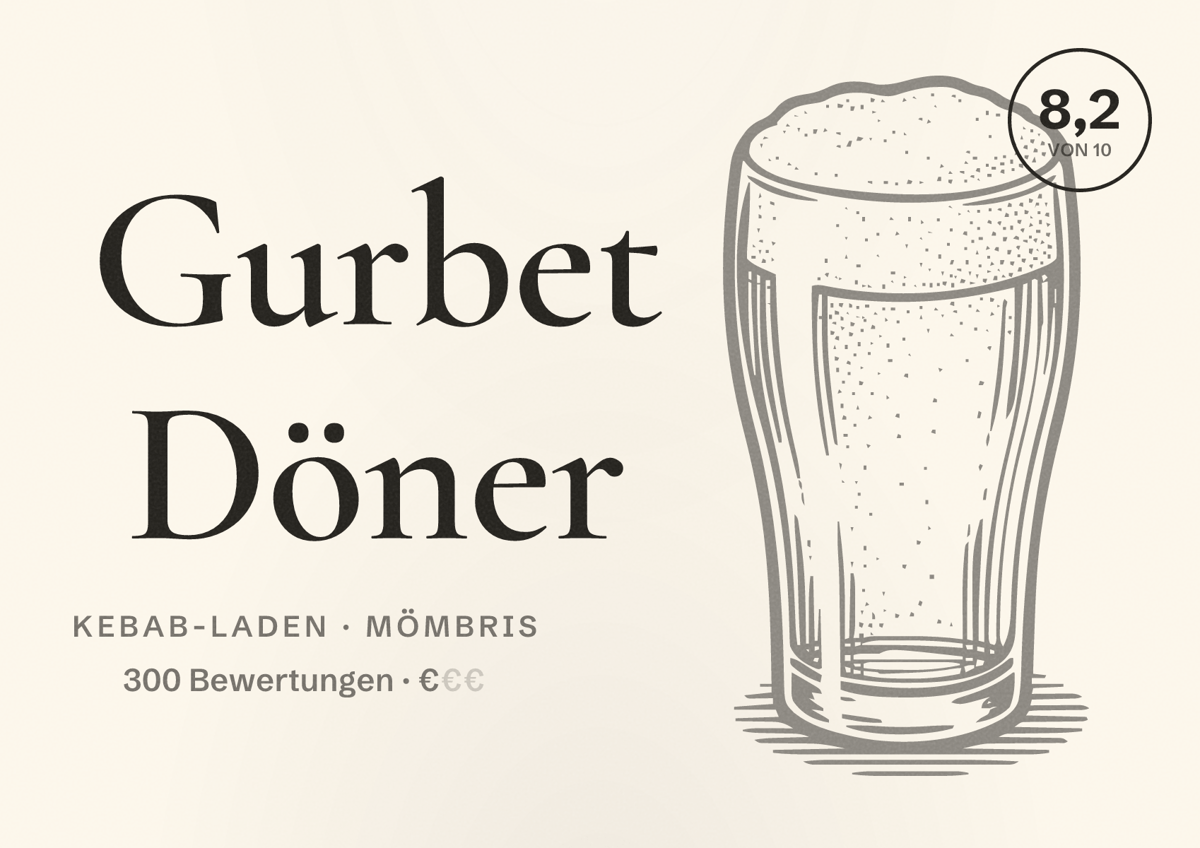Illustriertes Poster von Gurbet Döner, Kebab-Laden in Mömbris: Bewertung 8,2 von 10 aus 300 Bewertungen, Preisniveau €